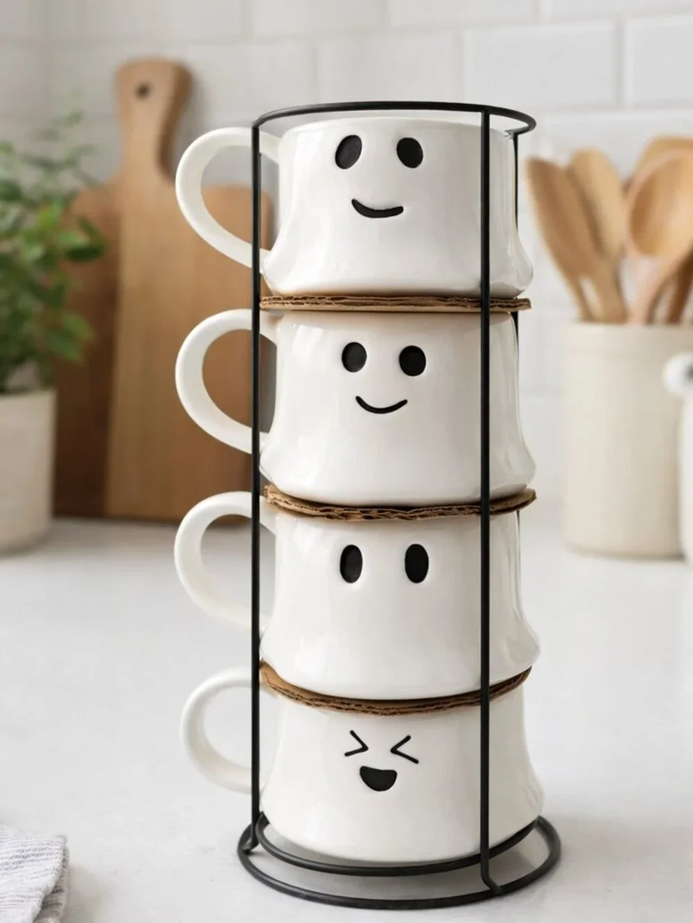 NEW Ceramic Ghost Mugs Mug Set of 4 Stacking Stackable White Stoneware Can hold
